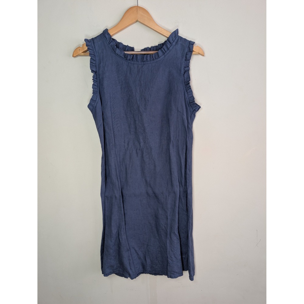 Blue Orchid Linen Sleeveless Ruffle Shift Dress Sz S Made in Italy Casual Travel